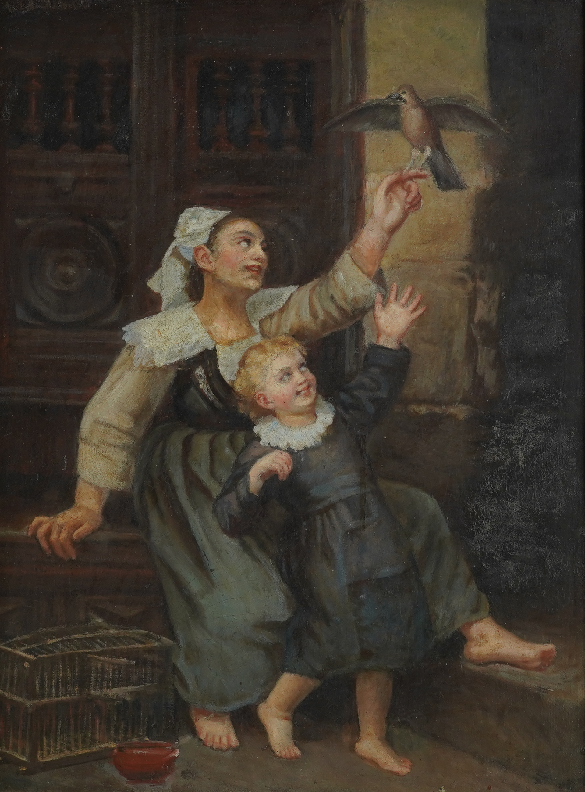 Alexandre Le Bihan (French, 1837-1924), A woman and child with a bird